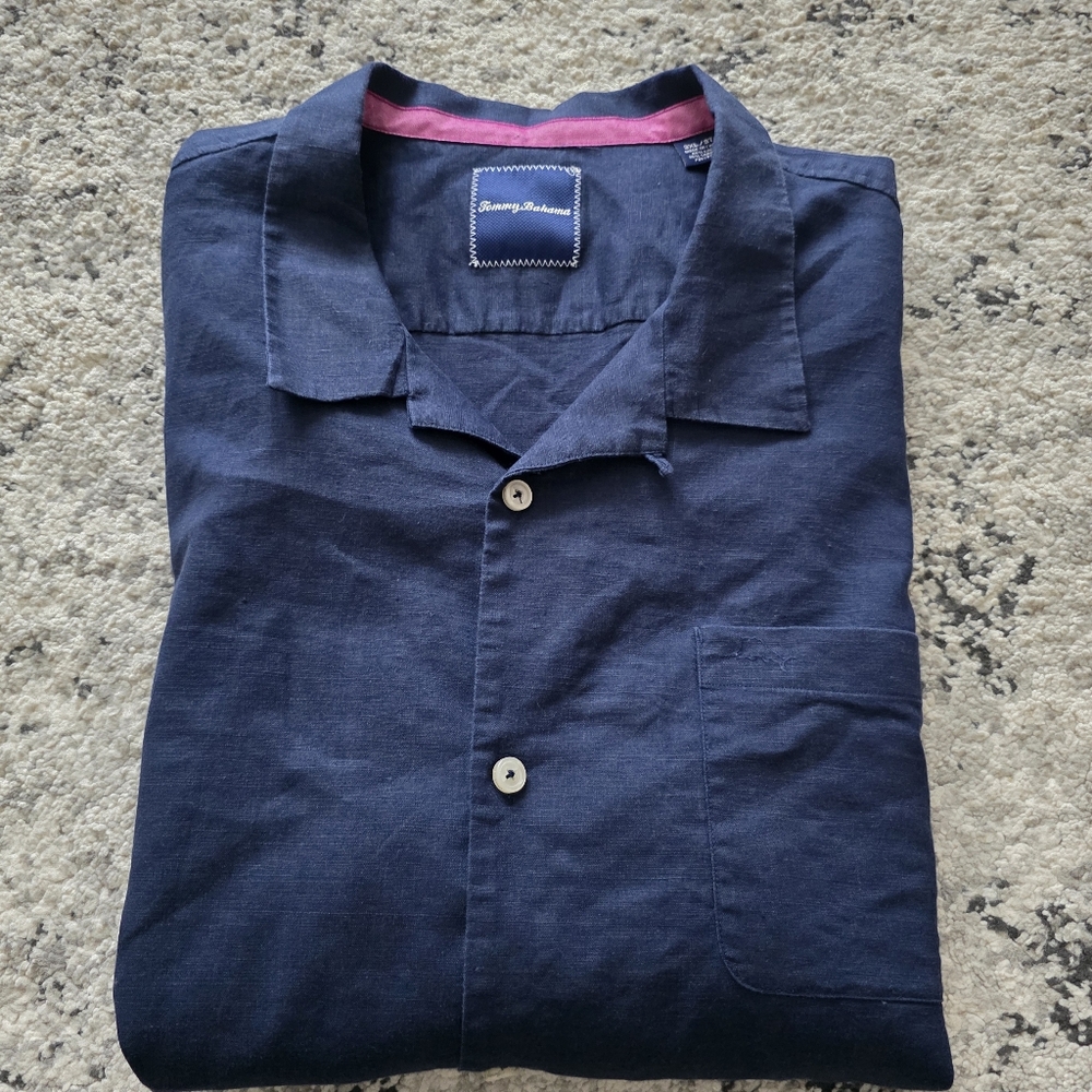 Tommy Bahama Linen Blend Short Sleeve Button Up Shirt Womens 3XL Navy Preppy